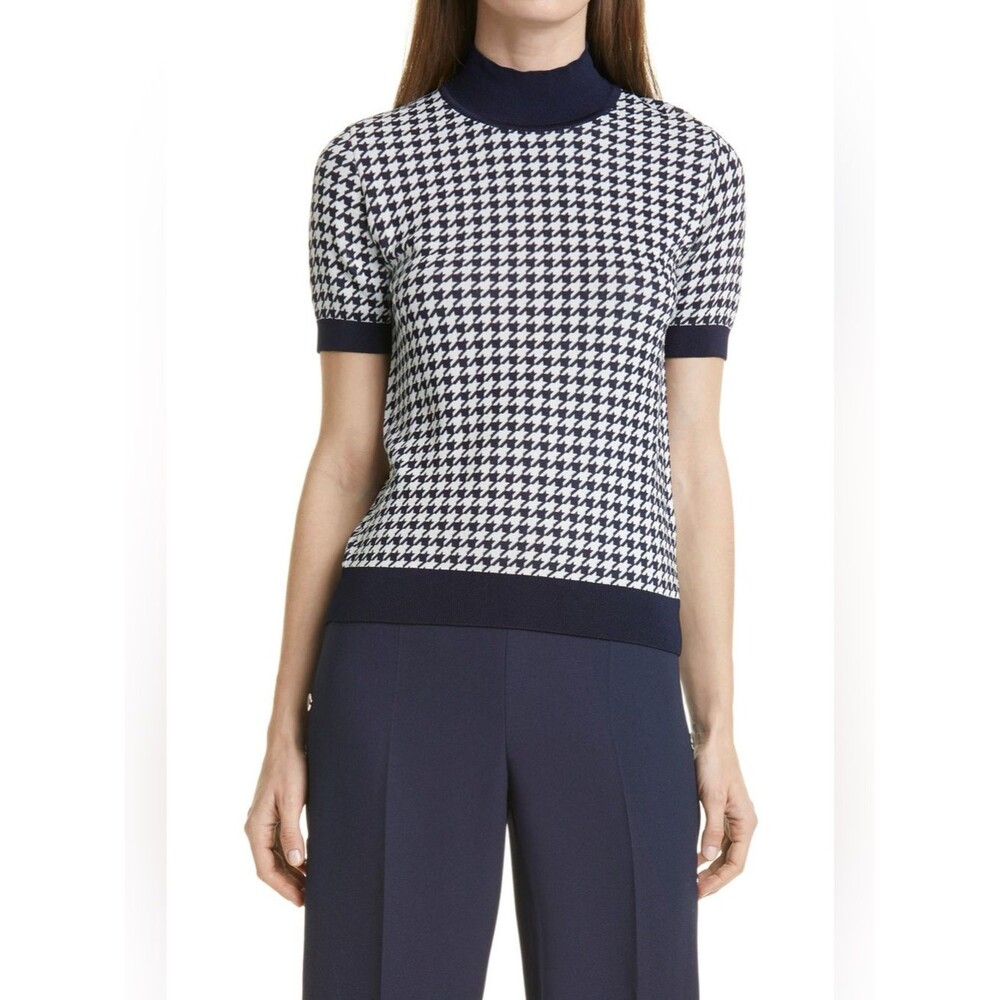 Boss Navy and White Houndstooth Short Sleeve Mock Neck Top Sz M Italy Made